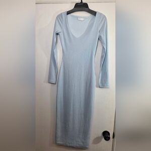 Meshki Light Blue Long Sleeve Ribbed Midi Dress XS